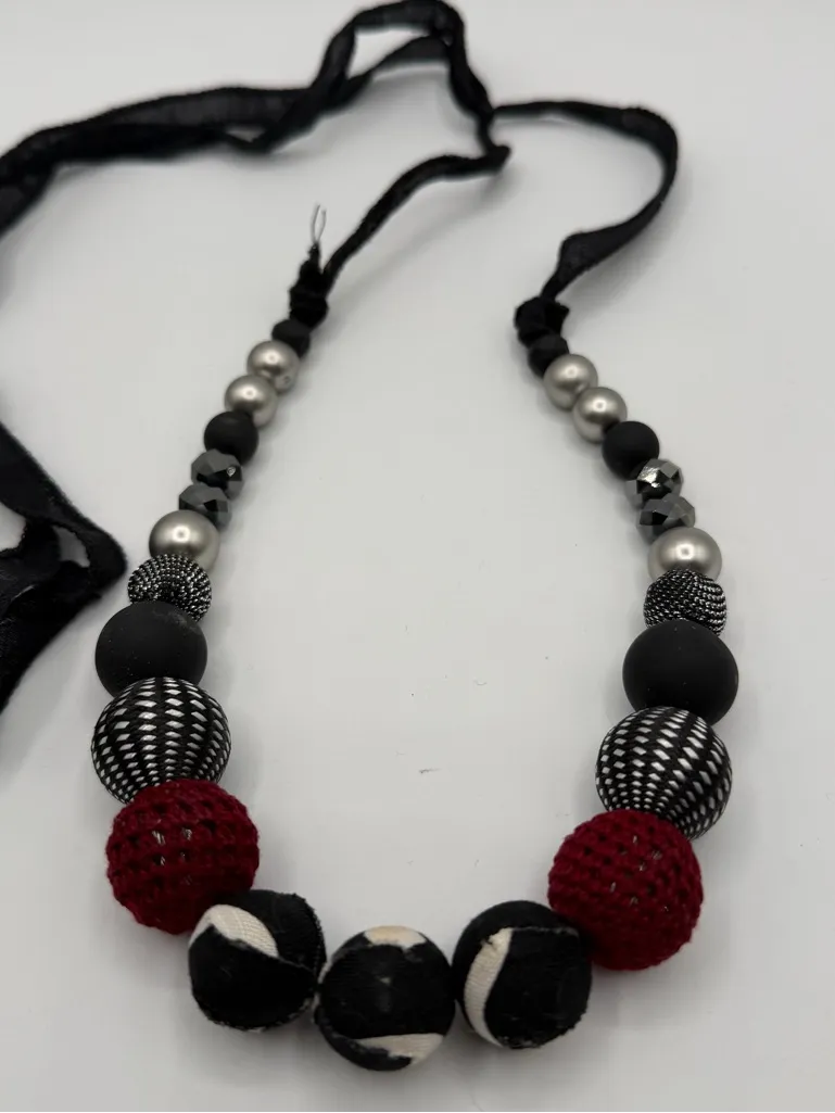 Black Red Statement Necklace Chunky Mixed Media Beads Ribbon Tie Boho