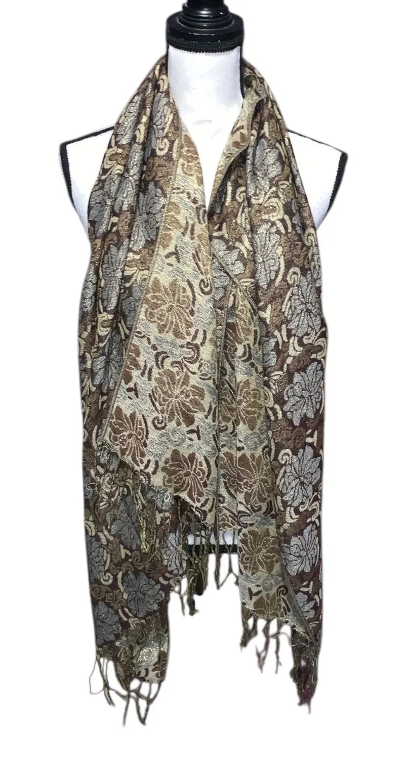 Women's Woven Reversible Floral Pashmina Wool Silk Shawl Wrap Scarf