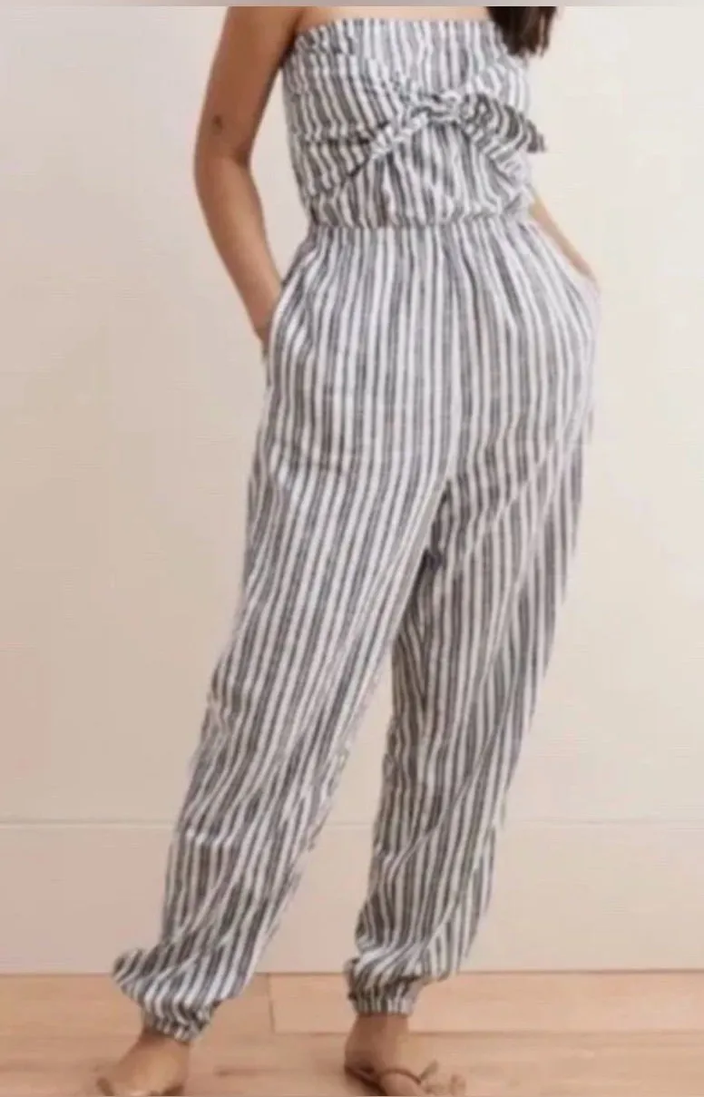 Aerie Strapless Tie‑Front Jumpsuit – Navy & White Stripe – Size L