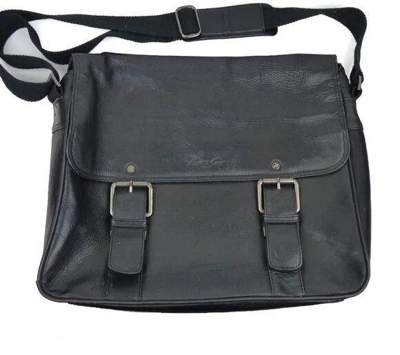 Kenneth Cole Leather Messenger Bag Black Buckles Laptop Briefcase Crossbody Prep
