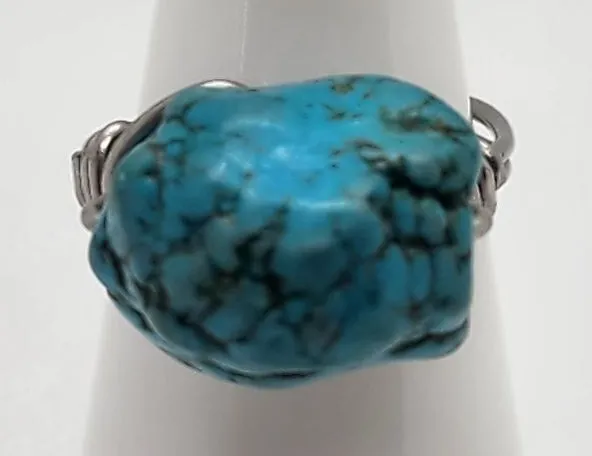 Handmade Silver Tone Wire & Blue Howlite Stone Ring (5.5)