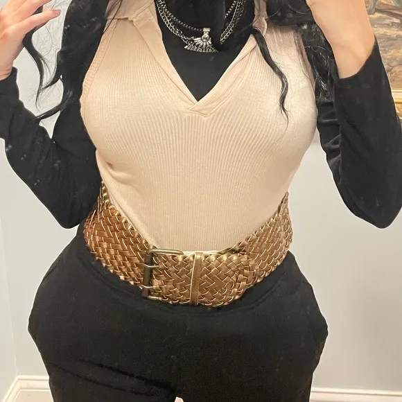 Y2K Gold Bronze Woven Wide Belt Sz S/M