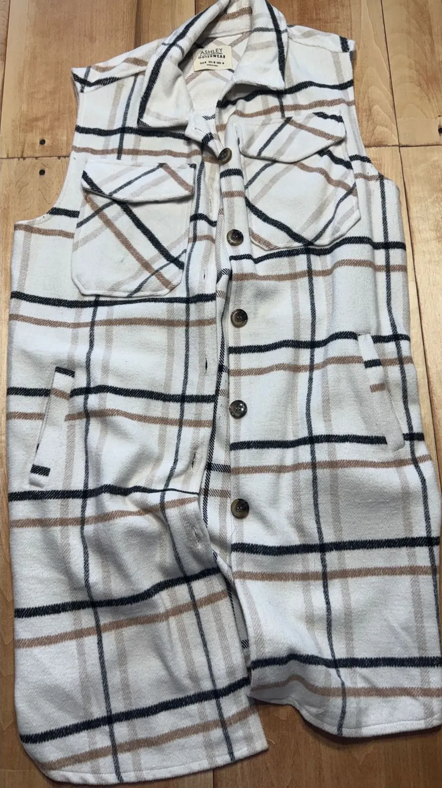 Ashley by 26 International Womens Plaid Longline Shacket Vest Cream Tan Medium