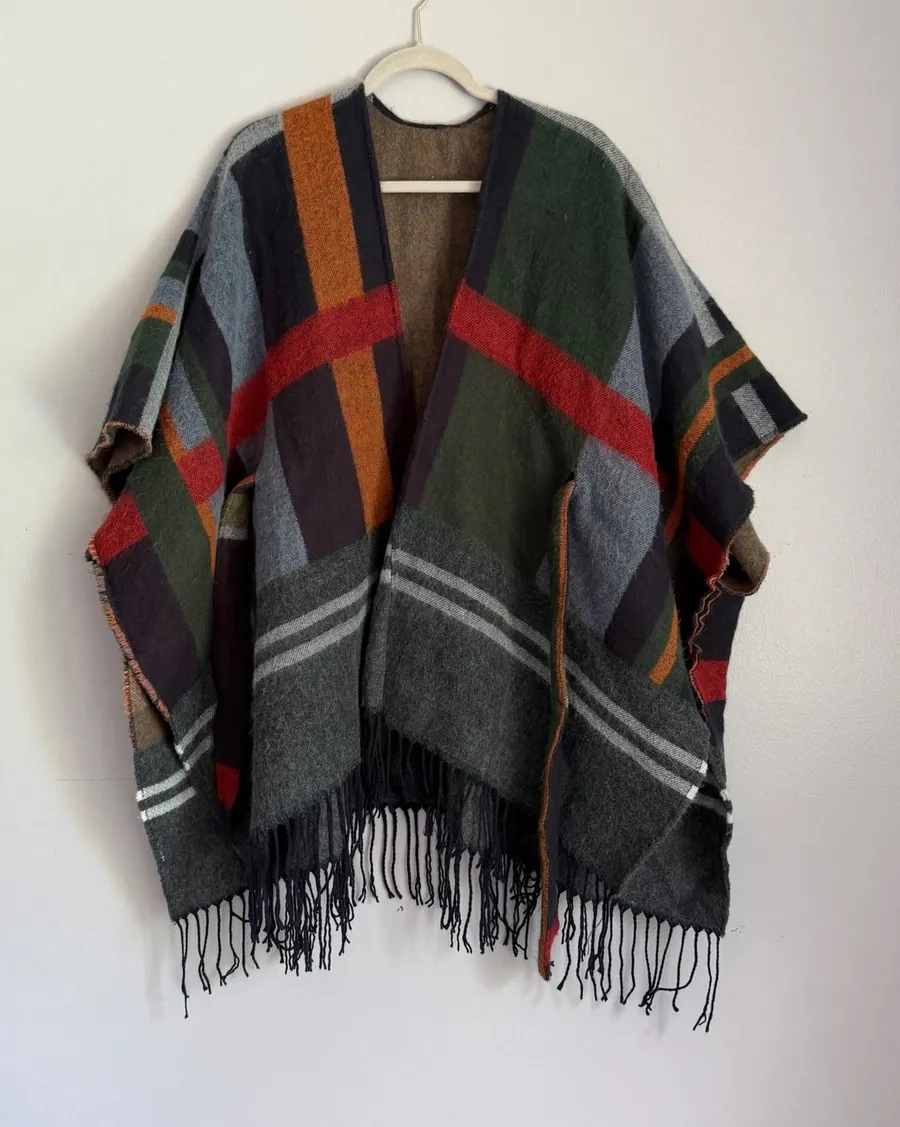 Multi Color Plaid Fringed Poncho Wrap Cozy Cardigan Check Belted Cape One Sz Green