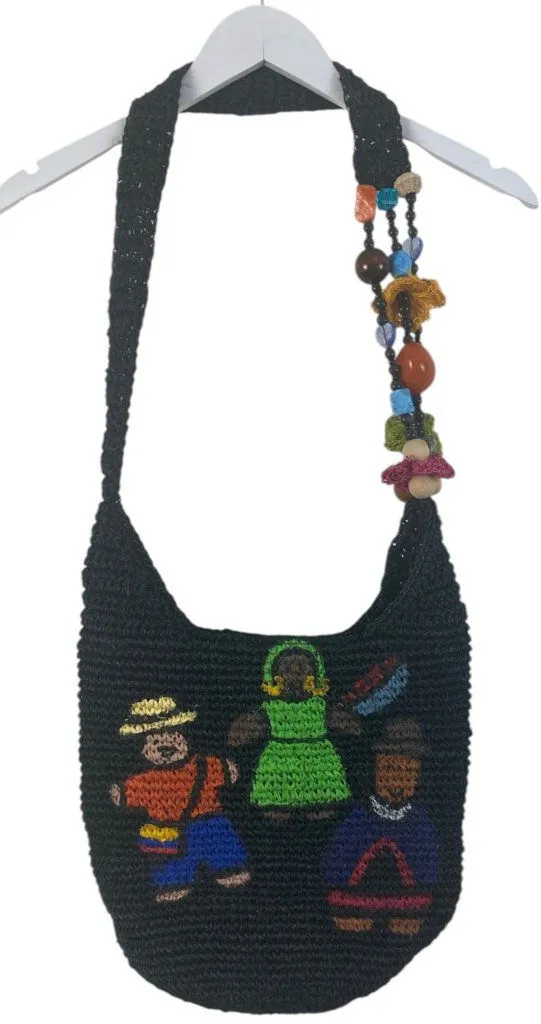 Monica Henao Hand Painted Raffia Folk Art Shoulder Bag Stone Bead Colombia Black