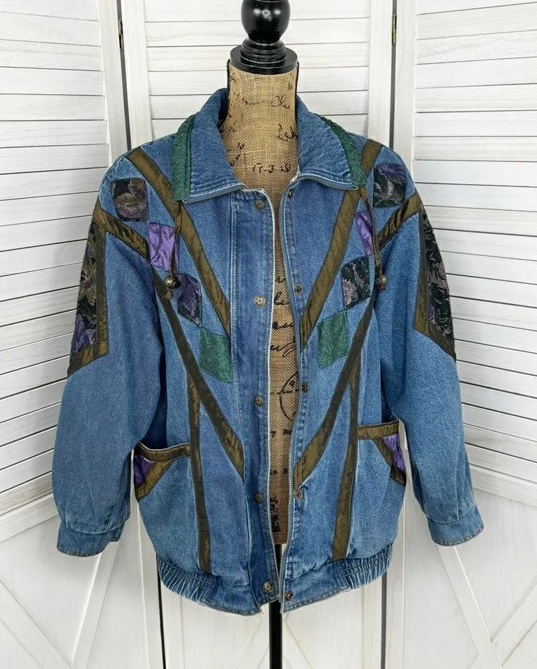 Current Seen Vintage 80s Patchwork Denim Coat Blue Medium Full Zip