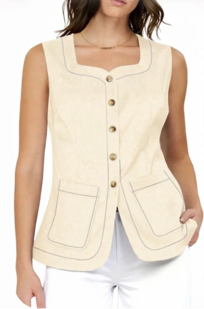 NEW Cream Square Neck Denim Vest Button Down Sleeveless Jean Waistcoat M Size M