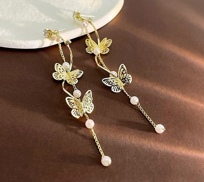 Gold Butterfly Dangle Drop Earrings for Women,Tassel Butterfly Earrings