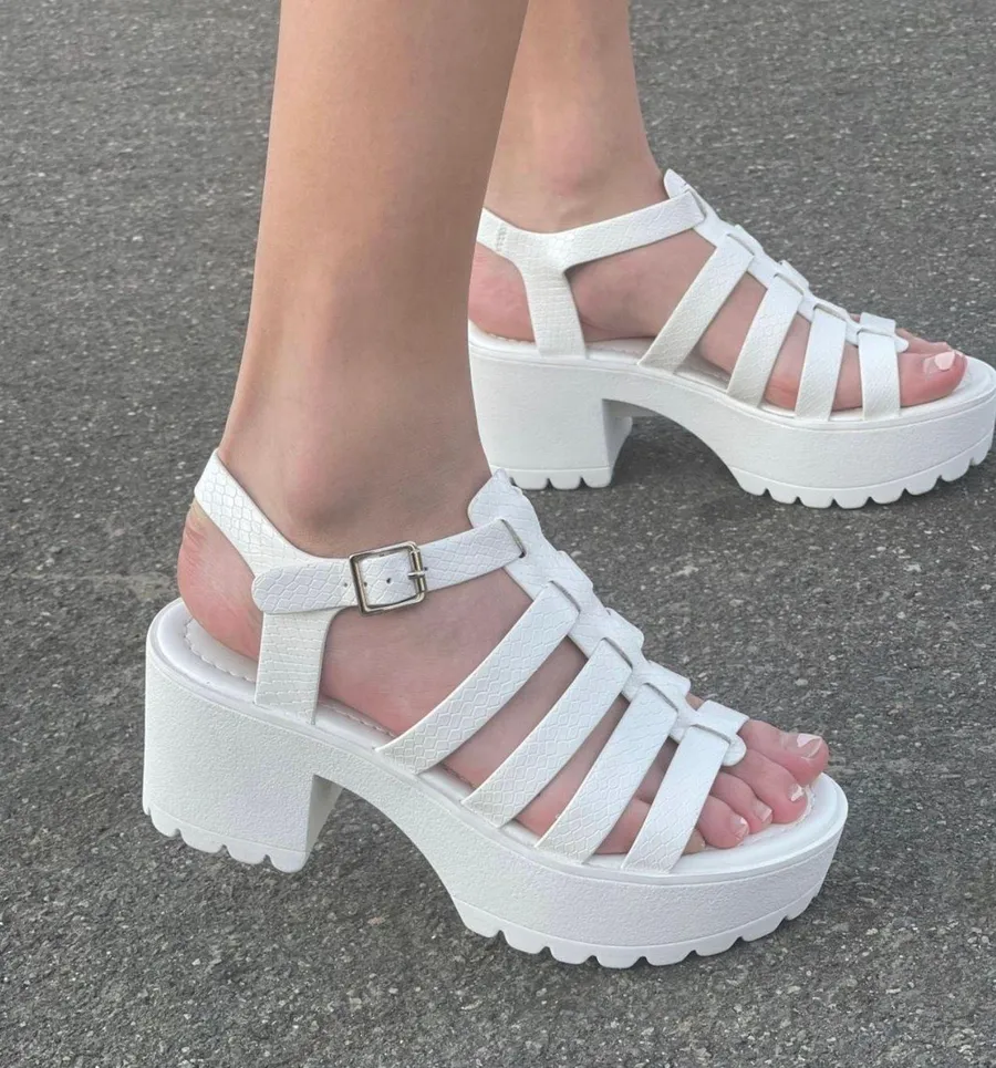 White Snake Print Gladiator Cage Lug Sole Chunky Heel Wedge Size 10