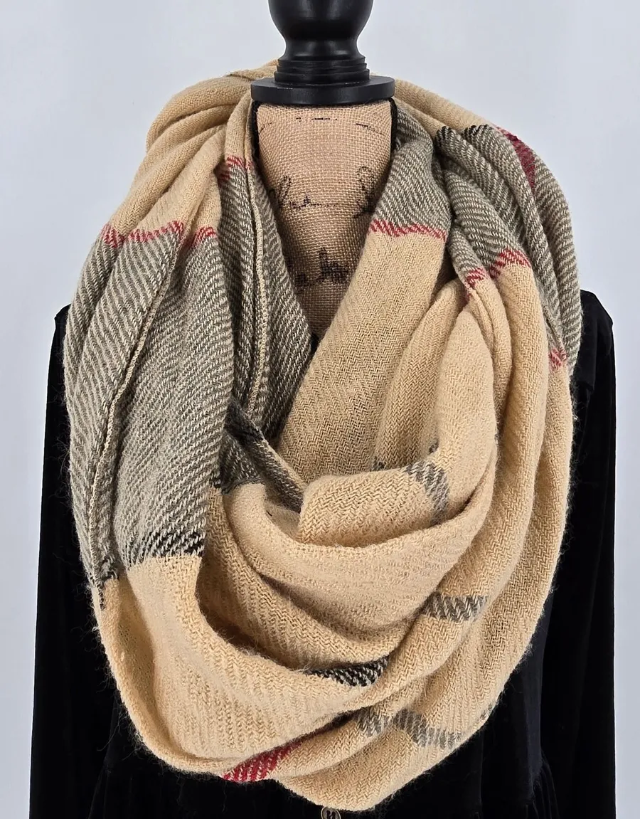 Sole Society Plaid Infinity Scarf Shawl Wrap Beige Black Red Acrylic