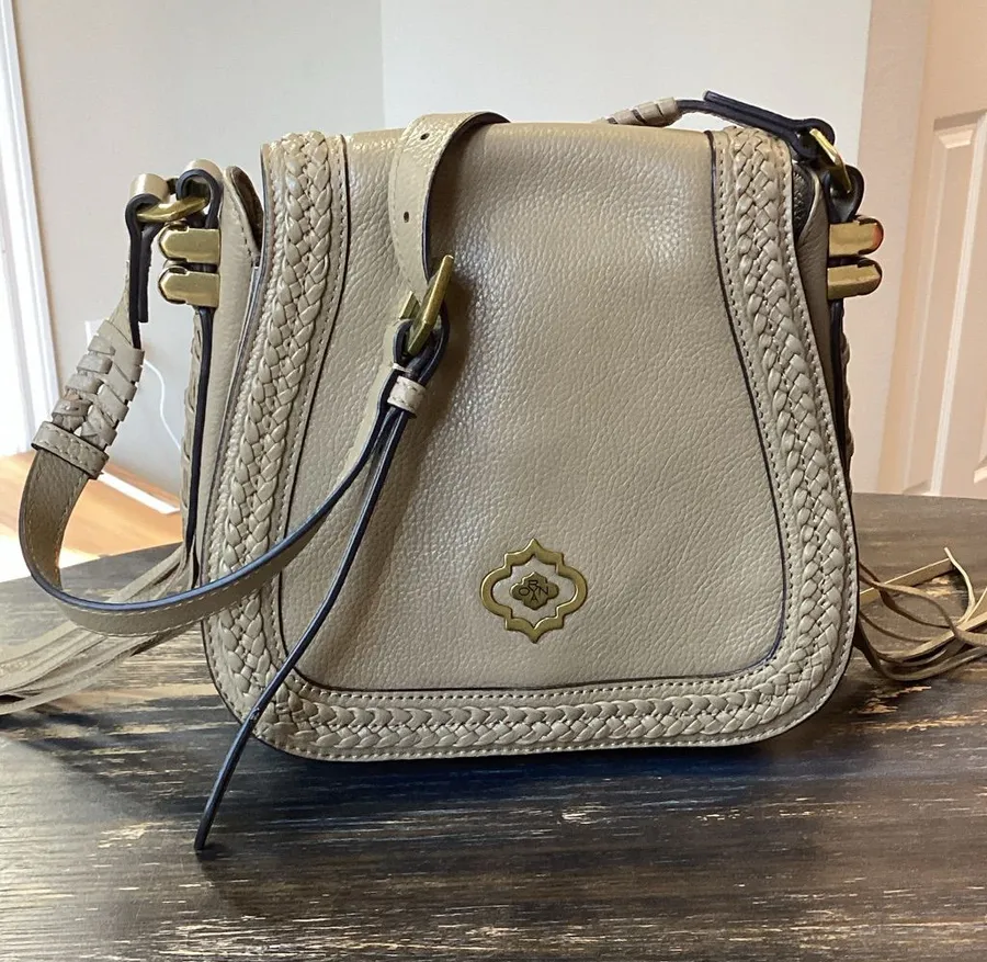 orYANY Margaret Taupe Leather Saddle Bag with Whipstitch Braided Detail