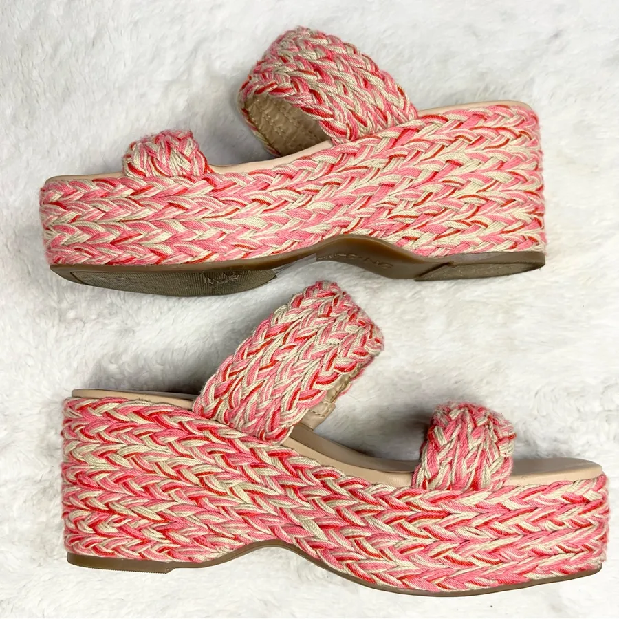 ON 34th Pink & Cream Norina Woven Platform Wedge Sandals Espadrilles Size 6