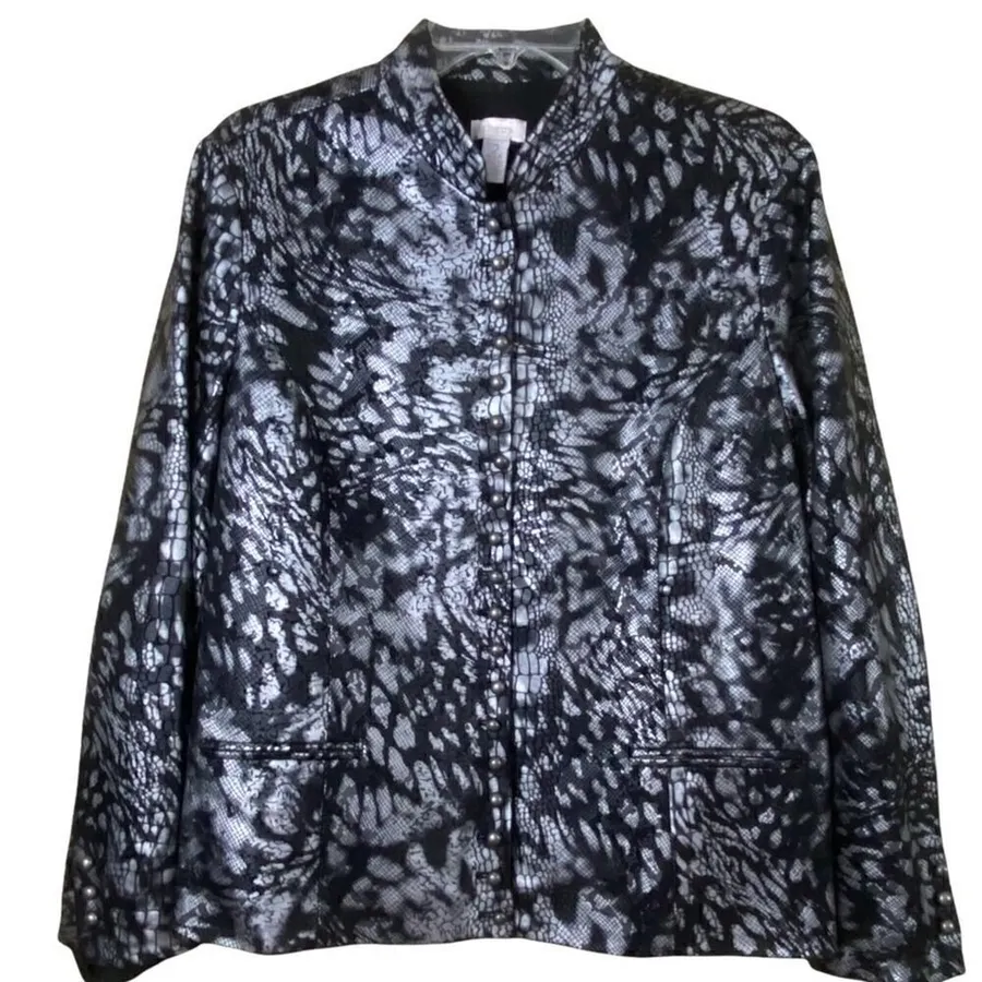 Chico’s Black Silver Metallic Snake Print Snap Button Down Jacket Size Medium 2