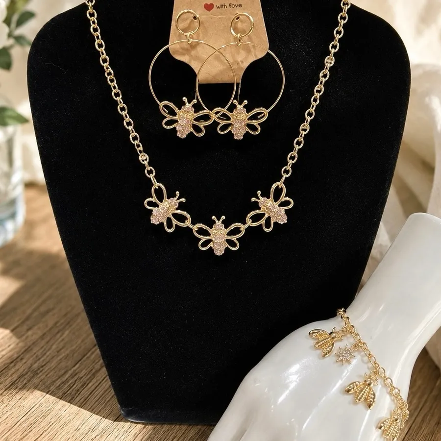 R.J. Graziano You Can Do It Bee Jewelry Set Necklace Bracelet Earrings Pink Rare Gold