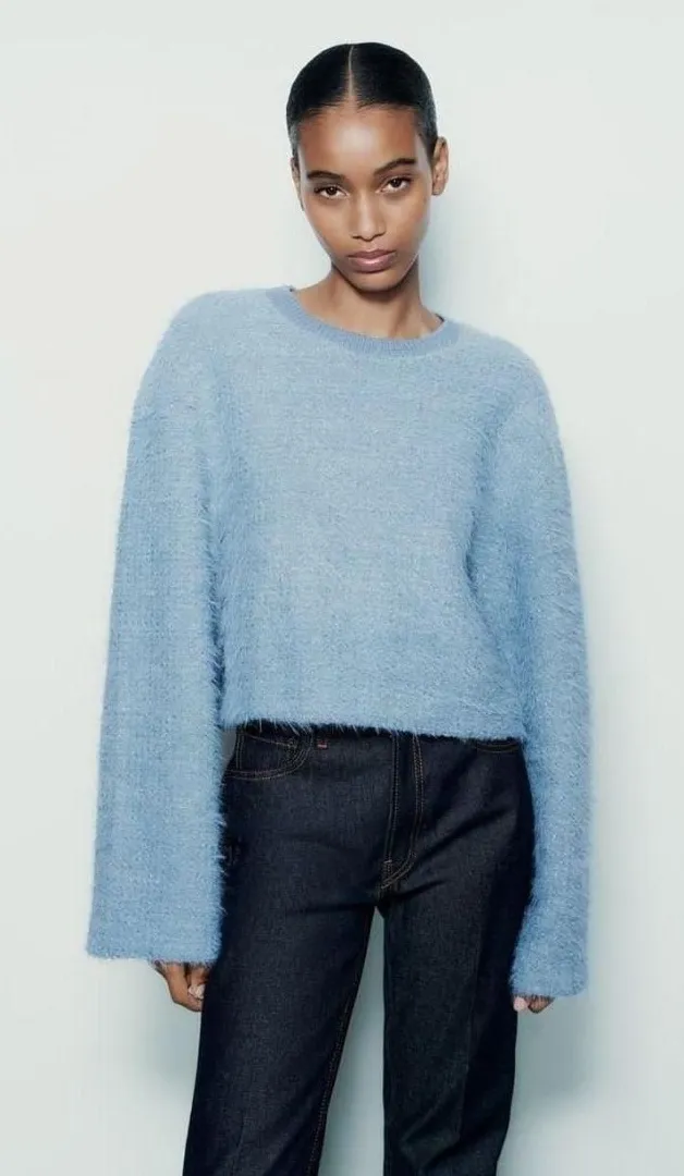 ZARA Fuzzy Knit Sweater Blue Long Bell Sleeves Cropped Top Women's
Large NWT