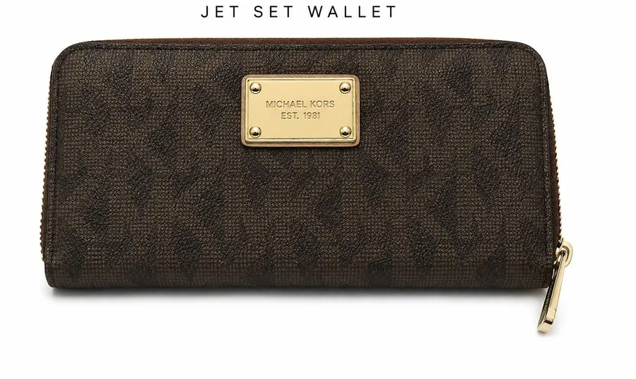 Michael Kors Jet Set Brown Signature Zip Around Wallet Gold Tone Logo Large