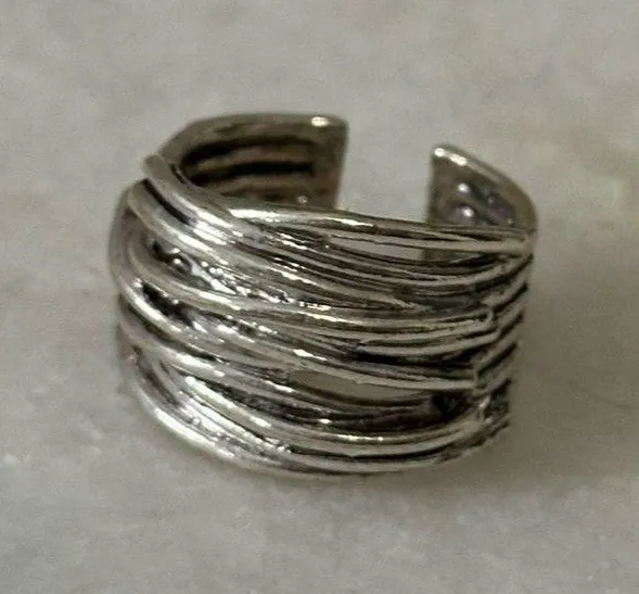 Gothic Punk Moto Silver Toned Open Adjustable Stacked Weaved Ribbon Ring