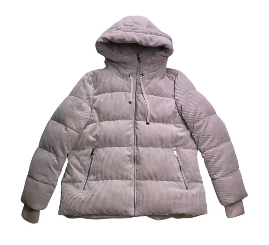 Sam Edelman Puffer Jacket Women Large Cream Corduroy Hooded Outerwear