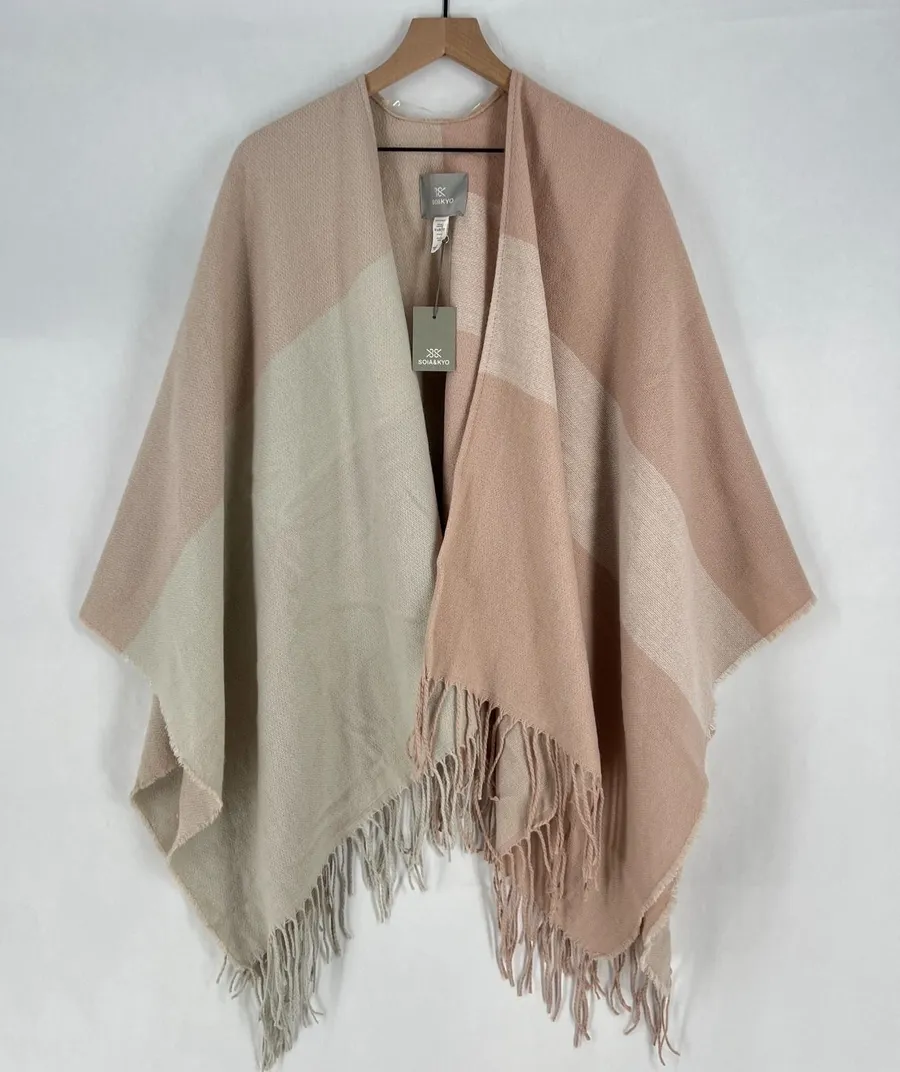 Soia & Kyo Poncho Shawl Womens One Size Pink Cream Knit Fringe Trim Outdoor