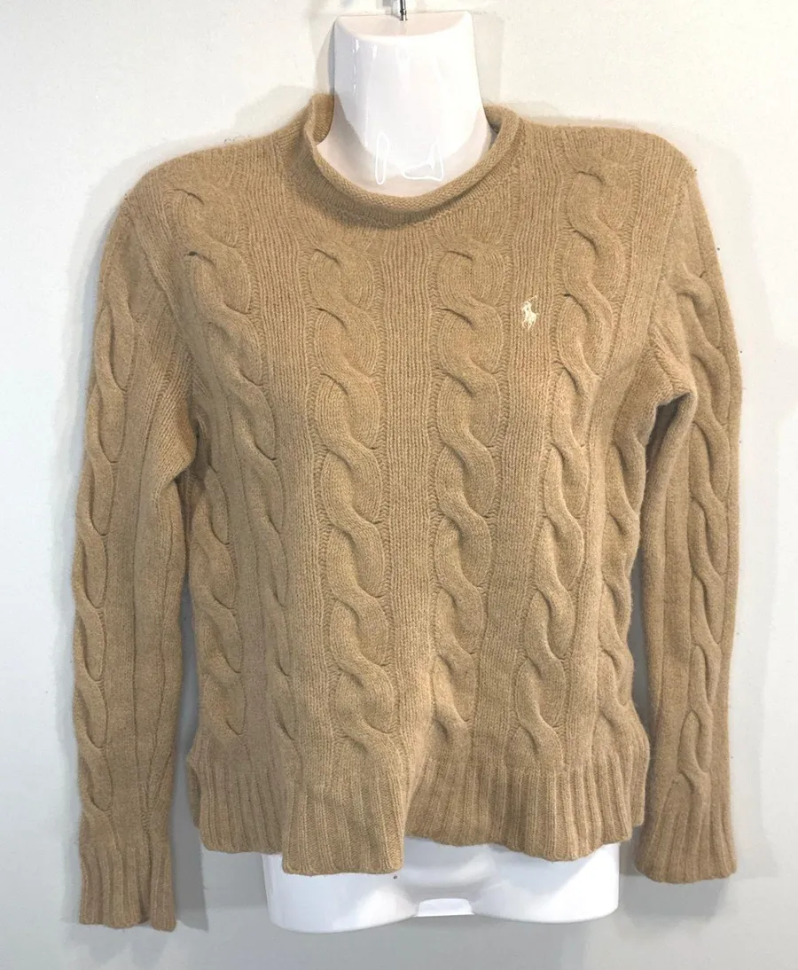 Polo Ralph Lauren Cable Knit Sweater Camel Tan Wool Cashmere Mock Neck Women's S