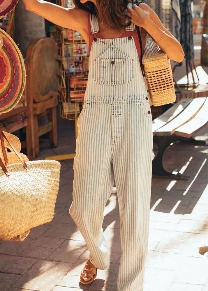 Faherty Overalls Railroad Stripe Denim Faded Light Wash Blue White Bib Women XS