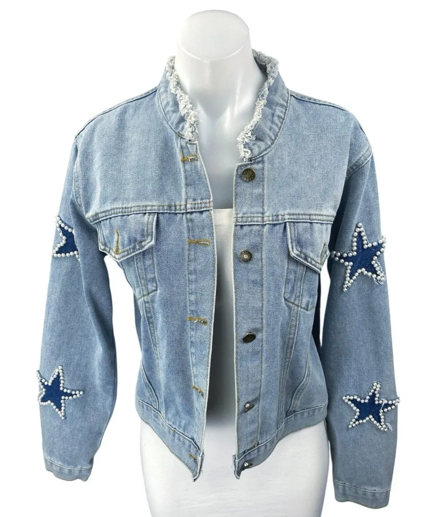 Women's Blue Star Beaded Long Sleeve Frayed Button Up Denim Jean Jacket Size M Size M