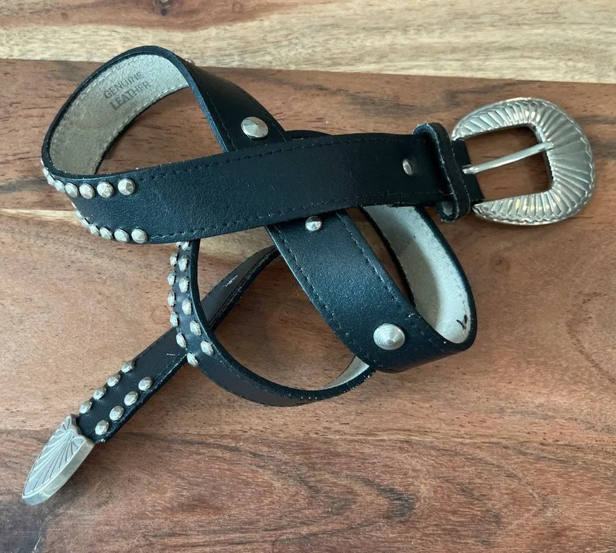 M/L leather belt western silver tone buckle studded black women's Y2K Gothic