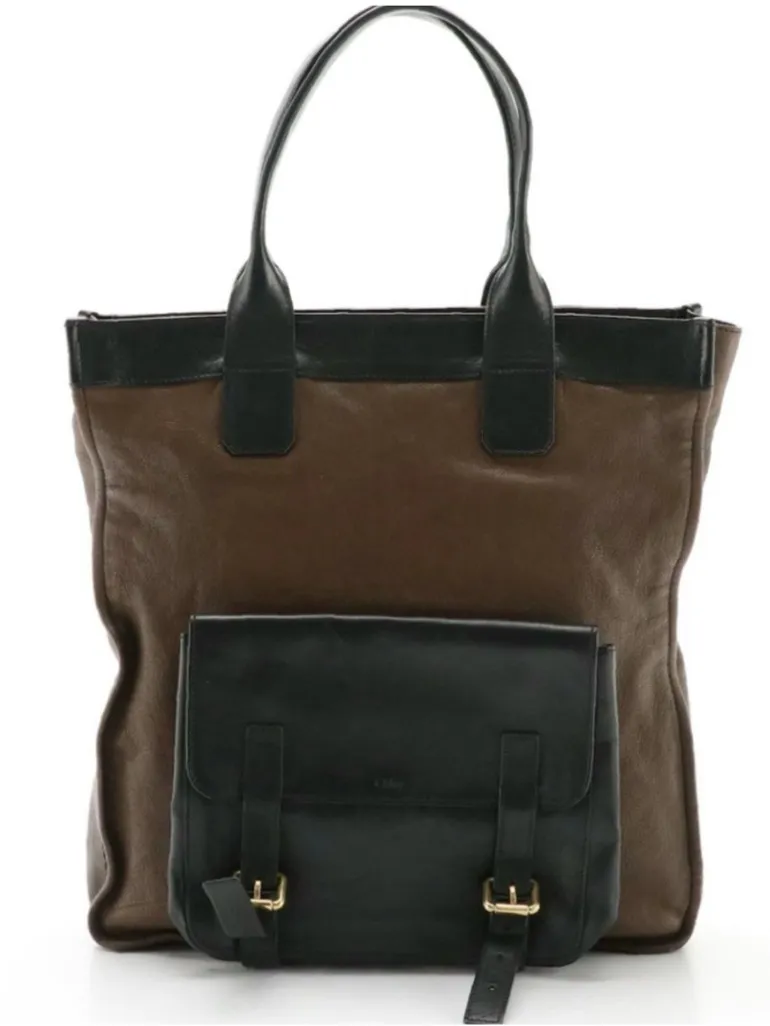 CHLOE FRONT POCKET TOTE BAG IN BROWN & BLACK LEATHER W/DETACHABLE POUCH