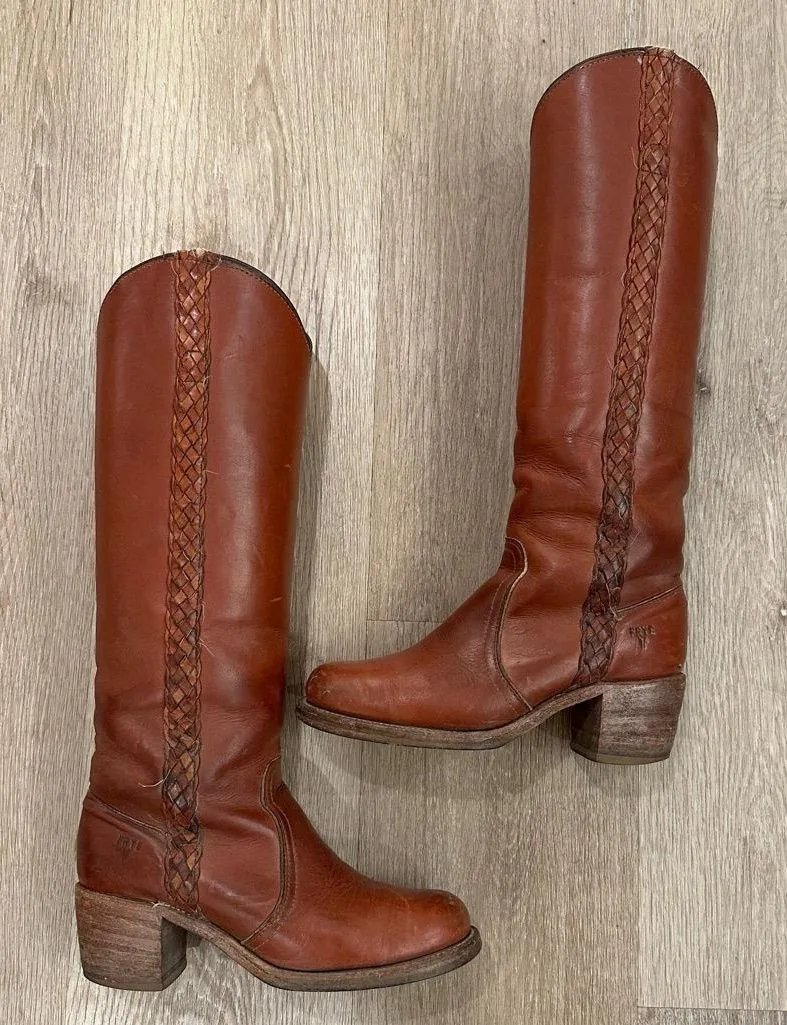 Frye Vintage Braided Sabrina Amber Brown Knee High Tall Boot Women's size 6