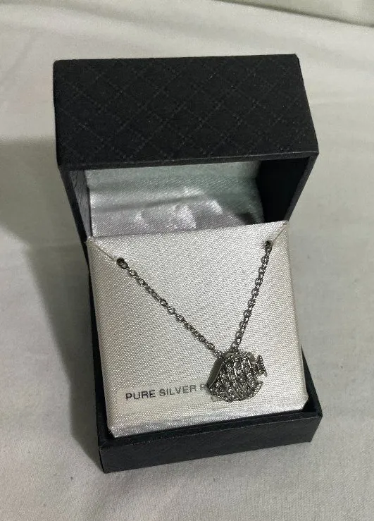 Silver Tone Fish Pendant Necklace Clear Rhinestone Accent 18" Chain Gift Box