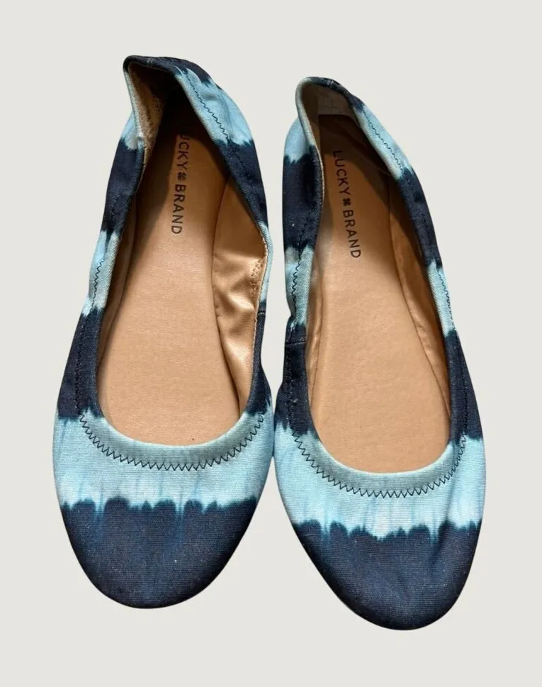 Lucky Brand Emmie Ballet Flats Blue White Tie Dye Textile Slip On Shoes 8M