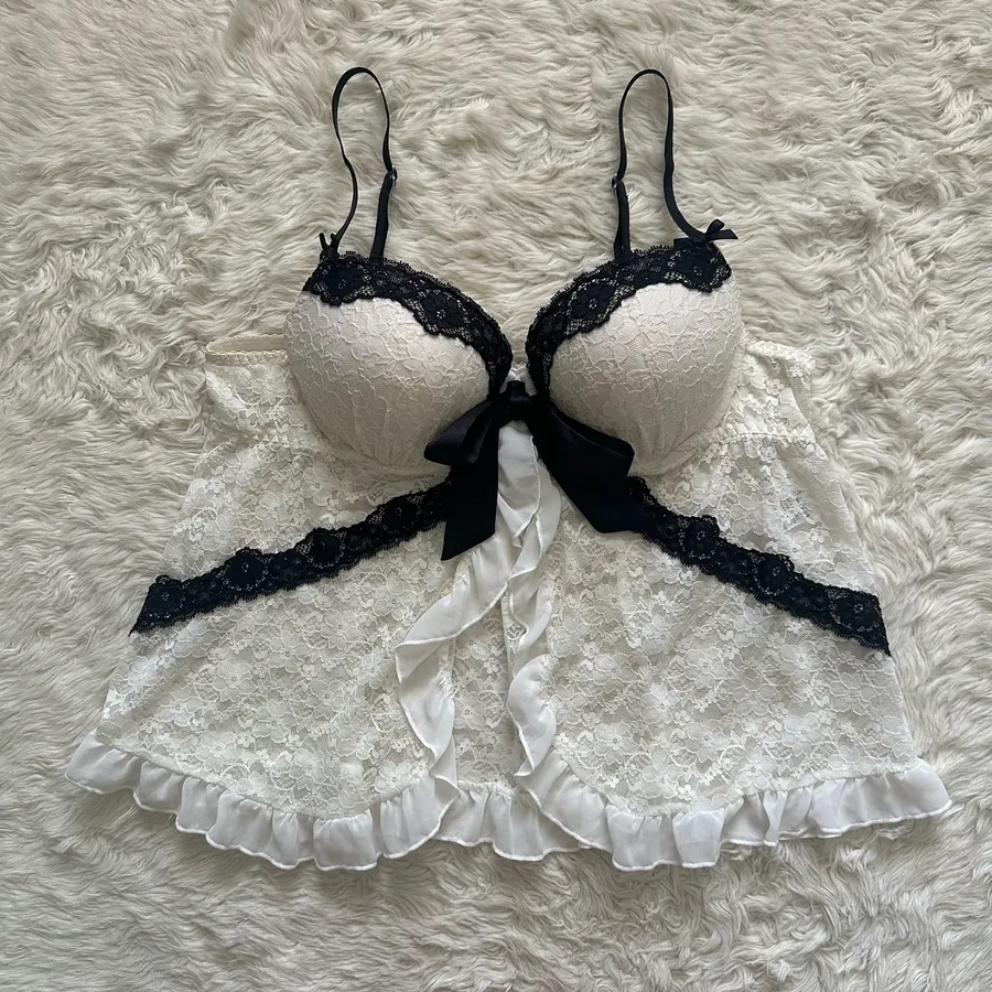 Linea Donatella Babydoll Chemise Lingerie Sleepwear Top Sheer Lace White Sz L