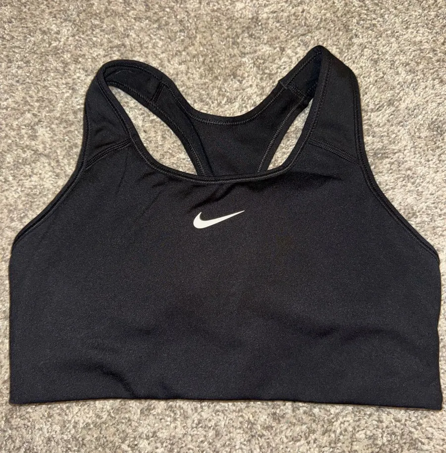 Nike Black Racerback Compression Sports Bra with White Swoosh Full Padding
