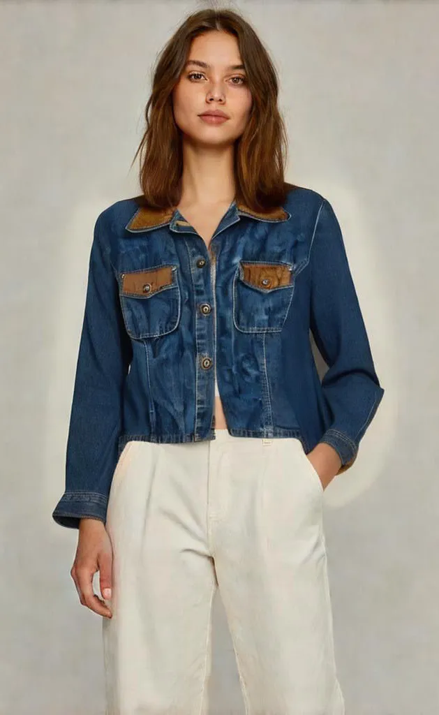 Vintage Denim Jacket with Faux suede leather Brown Accents Jean Jacket teacher Size M