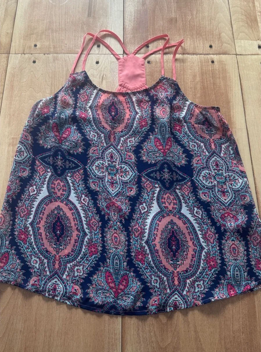 Charming Charlie Navy Coral Paisley Strappy Racerback Tank Top Womens Medium