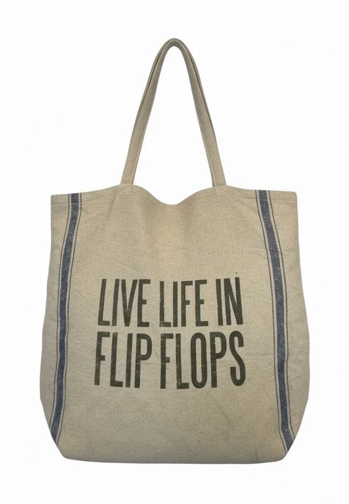 Primitives by Kathy Live Life in Flip Flops Burlap Beach Tote Market Bag Tan