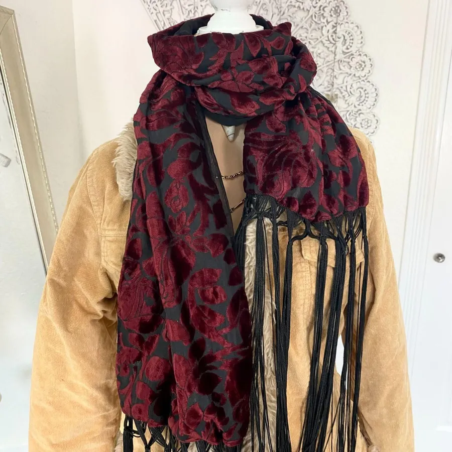 Early 2000's Witchy Whimsygoth Burgundy Black Crushed Velvet Scarf Shawl 80"
