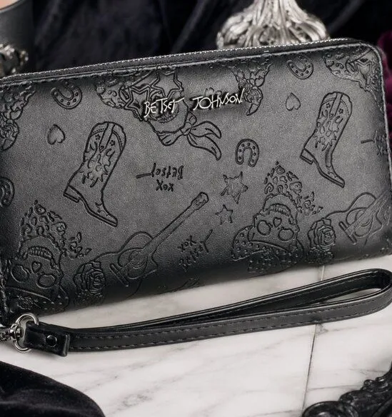 Betsey Johnson Black Tattoo Western Zip Wallet Wristlet NWT