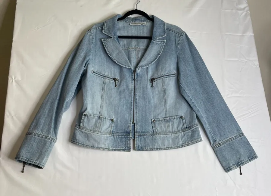 Newport News Womens 18 Jeanology Denim Jacket Light Blue Zip Up Y2K Boho Chic