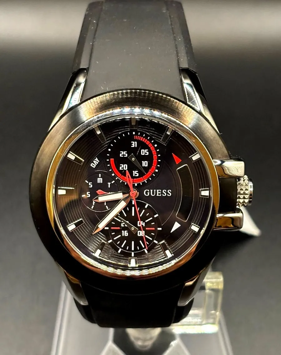 GUESS Waterpro U10575G1 Men’s 45mm Multifunction Black Silicone Watch NWT