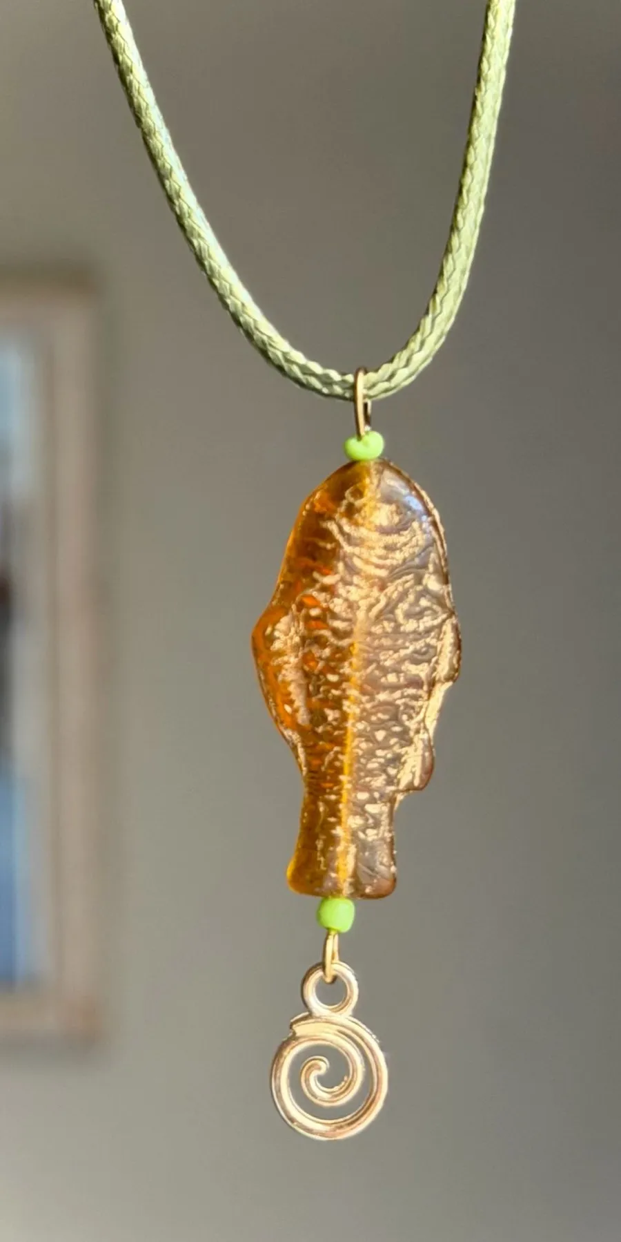 Handmade quality Czech glass amber fish boho funky necklace🌀🐟💙