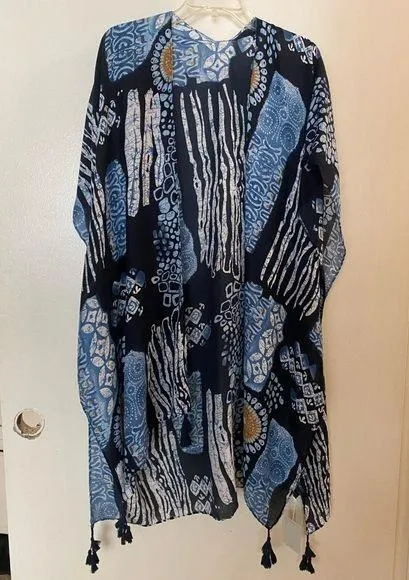 Be Clever Women’s Shawl Sleeved Cover Up Blue White Boho Print L Large NWT