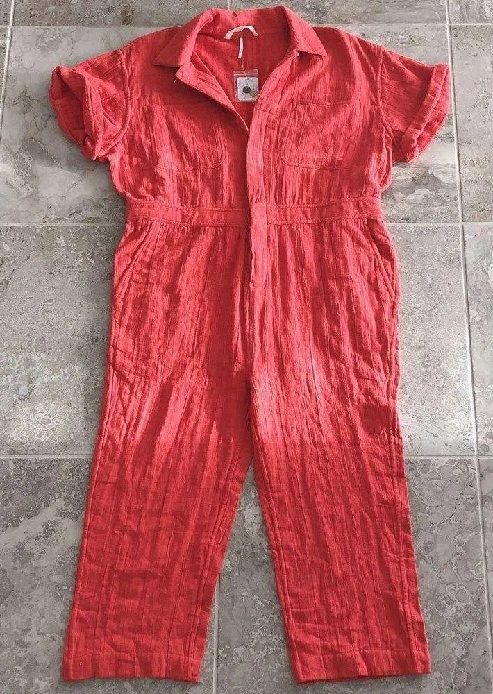 Slouchy Jumpsuit Cotton Red Woven Size S New w/Tag