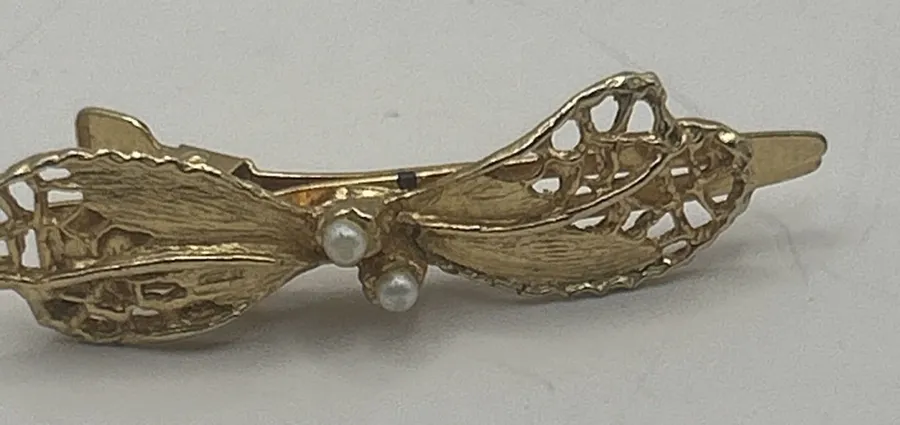 Vintage Gold Tone Bow Barrette Hair Clip Faux Pearl Filigree
