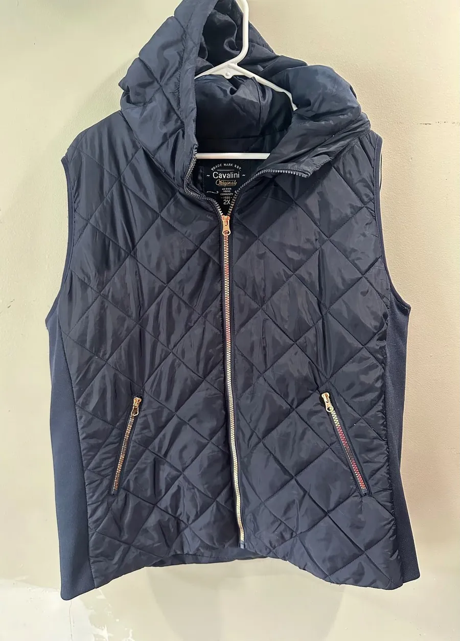 Cavalini Original Navy Blue Quilted Hooded Puffer Vest Rose Gold Zip Womens 2X