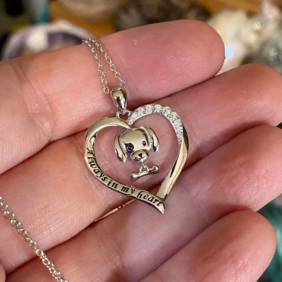 Always In My Heart Puppy Sterling Silver CZ Heart Necklace Silver