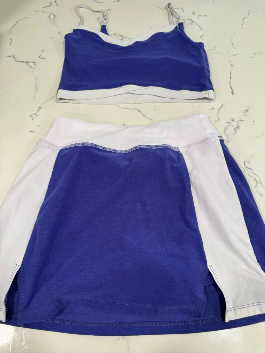 Beyond Yoga Purple and White Crop Sports Bra with Matching Skirt