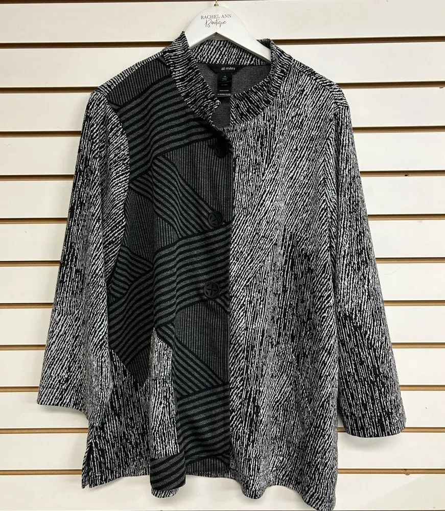 Ali Miles Jacket Size 1X Button Up 3/4 Sleeves Pockets Black Gray White