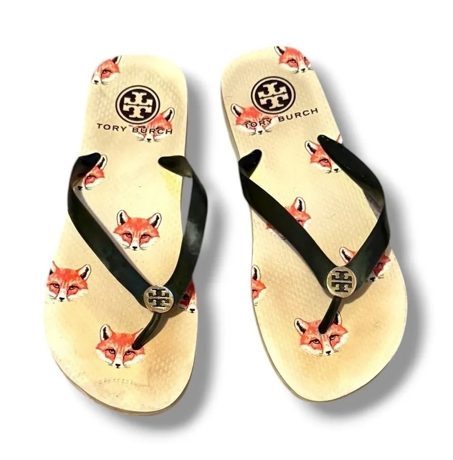 Tory Burch Fox Print Flip Flops Womens 12 Cream Thong Sandals Logo Summer Beach