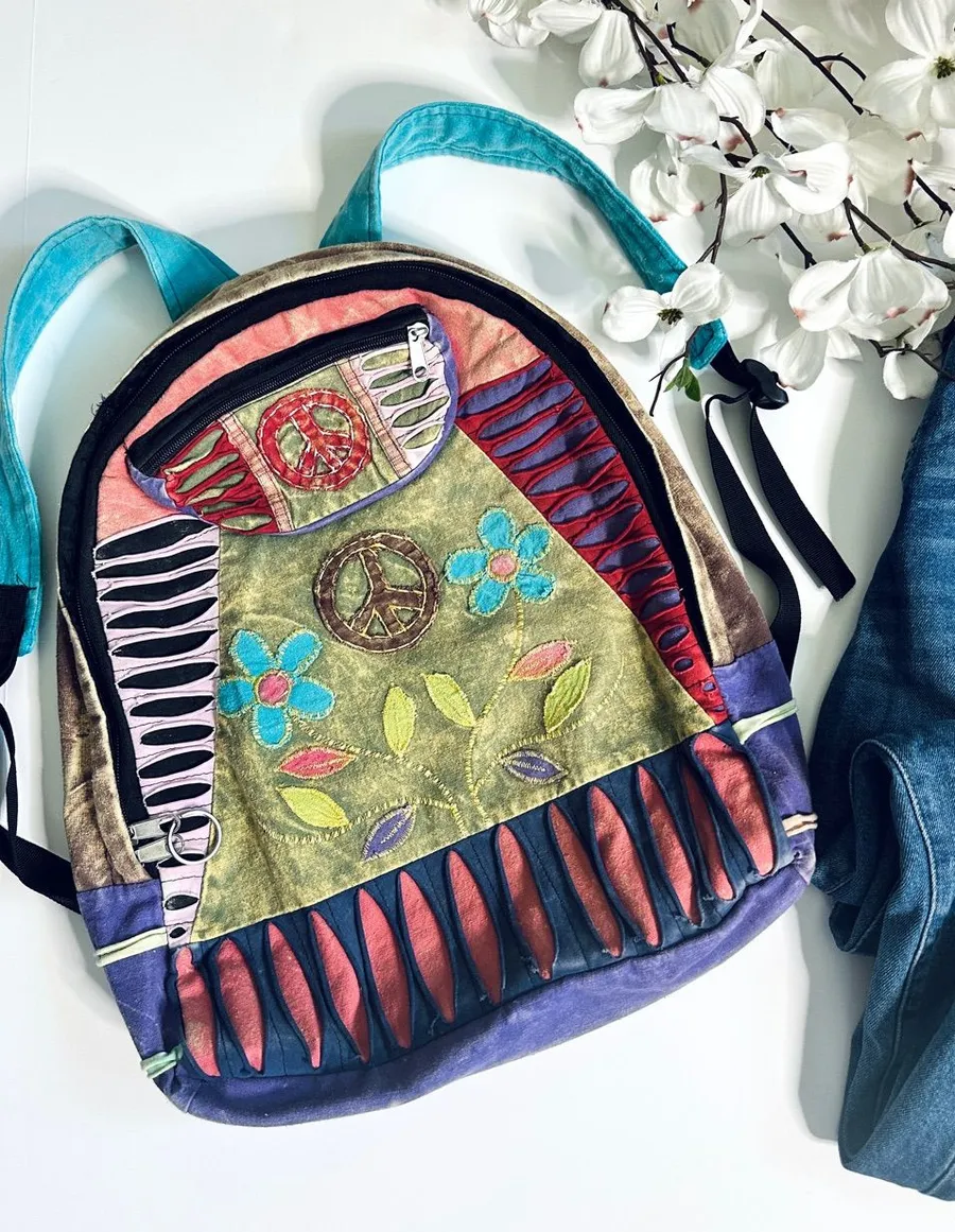 Rising International Y2K Vintage Boho Patchwork Peace Sign Backpack